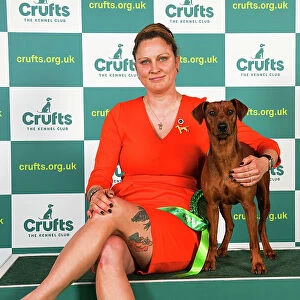 Yasmin Muthias from Germany with Effie, a German Pinscher, which was the Best of Breed winner today (Friday 10. 03. 23), the second day of Crufts 2023, at the NEC Birmingham