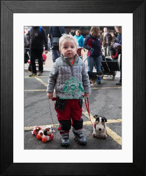 Framed Print : General shot on Friday of little boy arriving with two toy dogs