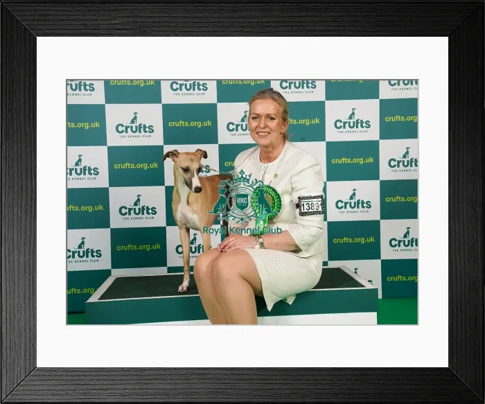 Framed Print : Heidi Bekkvang from Norway with Jasper, a Whippet, which was the Best of Breed winner today (Saturday 11. 03. 23), the third day of Crufts 2023, at the NEC Birmingham