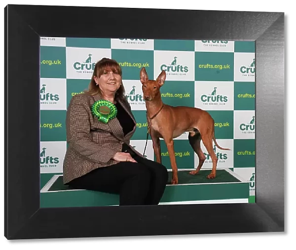 Debbie McDonnell from Essex with Rafa, a Cirneco dell'Etna, which was the Best of Breed winner today (Saturday 11. 03. 23), the third day of Crufts 2023, at the NEC Birmingham
