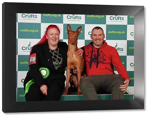Sam Fletcher and Laura Merryweather from Isle of Man with Pearl, a Pharaoh Hound, which was the Best of Breed winner today (Saturday 11. 03. 23), the third day of Crufts 2023, at the NEC Birmingham