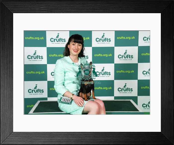 Framed Print : Charlotte Westerman from Darlington, with Otto, a Miniature Pinscher, which was the Best of Breed winner today (Sunday 12. 03. 23), the last day of Crufts 2023, at the NEC Birmingham Framed Print : Charlotte Westerman from Darlington, with Otto, a Miniature Pinscher, which was the Best of Breed winner today (Sunday 12. 03. 23), the last day of Crufts 2023, at the NEC Birmingham
