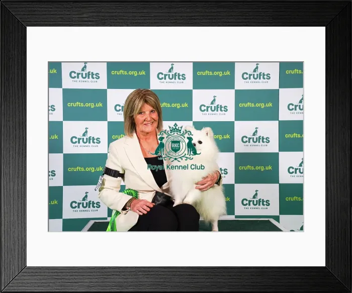 Framed Print : Fiona Grayer from Sussex, with Henri, a German Spitz (Klein), which was the Best of Breed winner today (Sunday 12. 03. 23), the last day of Crufts 2023, at the NEC Birmingham Framed Print : Fiona Grayer from Sussex, with Henri, a German Spitz (Klein), which was the Best of Breed winner today (Sunday 12. 03. 23), the last day of Crufts 2023, at the NEC Birmingham