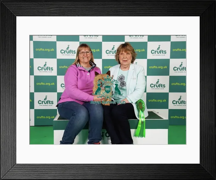 Framed Print : Frances Martin and Janet Lazenby from West Sussex with Bertie, a Norwich Terrier, which was the Best of Breed winner today (Saturday 11. 03. 23), the third day of Crufts 2023, at the NEC Birmingham
