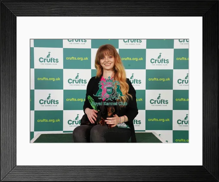 Framed Print : Aida Lamer from South Wales with Lucy, a Dachshund (Miniature Smooth Haired), which was the Best of Breed winner today (Saturday 11. 03. 23), the third day of Crufts 2023, at the NEC Birmingham Framed Print : Aida Lamer from South Wales with Lucy, a Dachshund (Miniature Smooth Haired), which was the Best of Breed winner today (Saturday 11. 03. 23), the third day of Crufts 2023, at the NEC Birmingham