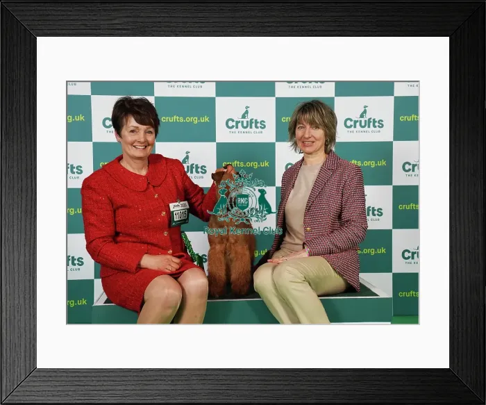 Framed Print : Joanne Vickers and Natalia Avveduti from Italy with Boris, an Irish Terrier, which was the Best of Breed winner today (Saturday 11. 03. 23), the third day of Crufts 2023, at the NEC Birmingham