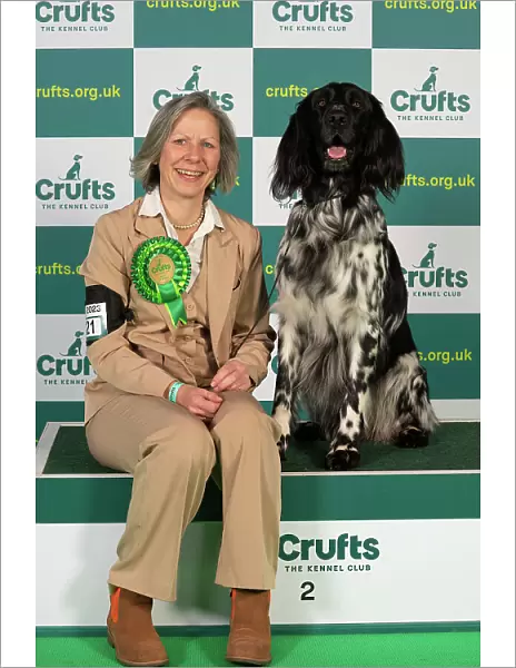 Annette Davis-Green from Worksop with Michael, a Large Munsterlander, which was the Best of Breed winner today (Thursday 09. 03. 23), the first day of Crufts 2023, at the NEC Birmingham