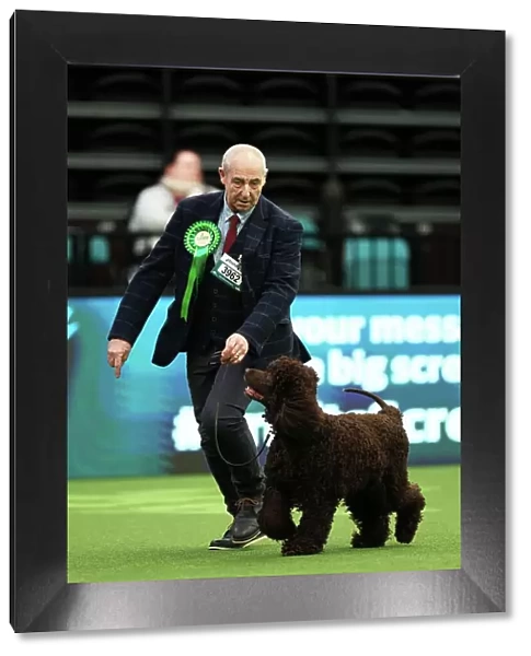 John Hackett from Sunderland with Finn, an Irish Water Spaniel, which was the Best of Breed winner today (Thursday 09. 03. 23), the first day of Crufts 2023, at the NEC Birmingham