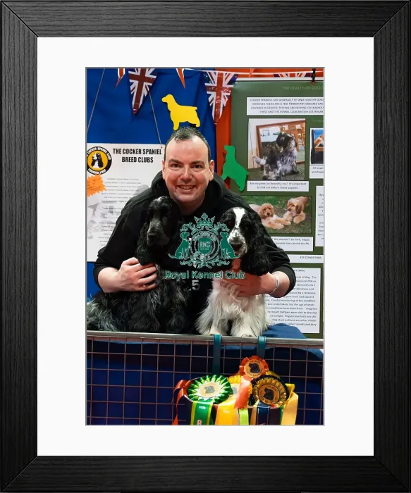 Framed Print : Spaniels (Cocker) Rocket And Aurora With Owner James Discover Dogs