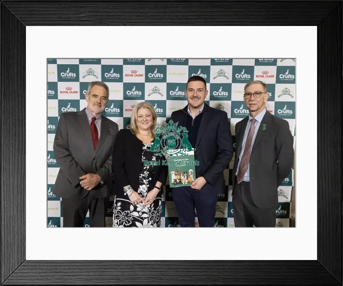 Framed Print : MS James Evans pictured with Jannine Edgar CEO Kennel Club Nick Blayney & Kennel Club Director Ian Seath today