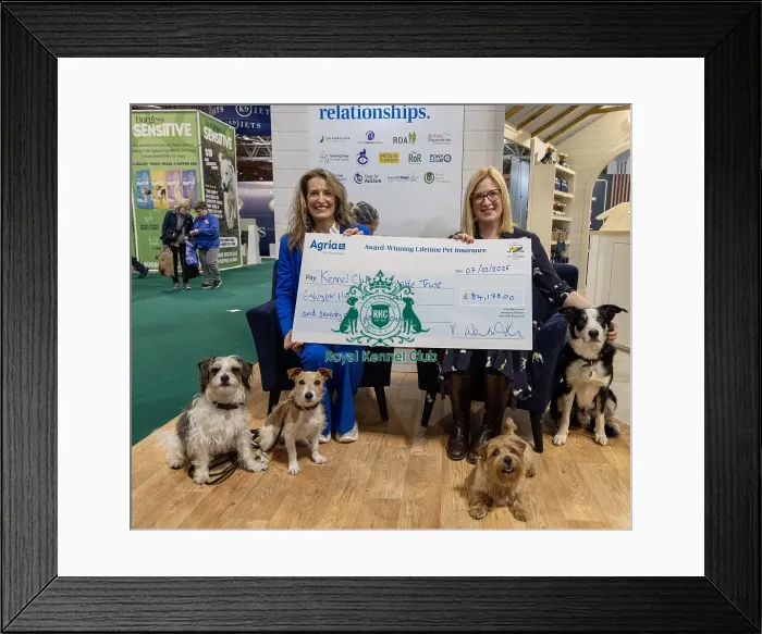 Framed Print : Jennifer Millard - Chair of the Kennel Club Charitable Trust is presented by with a cheque by Vicki Wentworth CEO AGRI