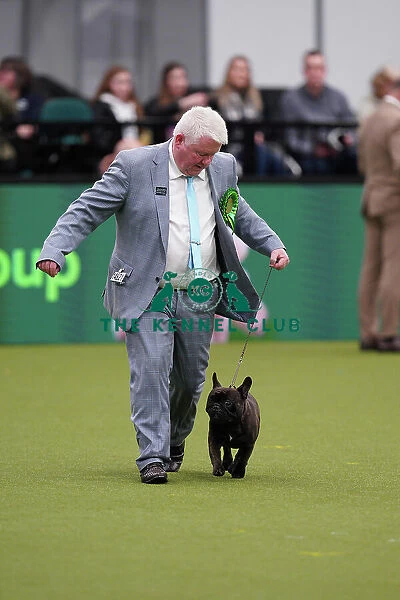 Abbie Cund and Dean Cund from Birmingham, with Elton, a French Bulldog, which was the Best of Breed winner today (Sunday 12. 03. 23), the last day of Crufts 2023, at the NEC Birmingham