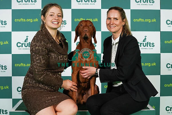 Adela Zafar and Eva Ticha from Woking with Hunter, a Hungarian Vizsla, which was the Best of Breed winner today (Thursday 09. 03. 23), the first day of Crufts 2023, at the NEC Birmingham
