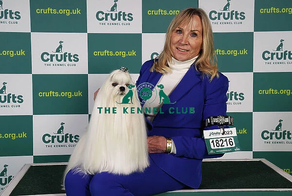 Carol Roberts from Spain with Cooper, a Maltese, which was the Best of Breed winner today (Sunday 12. 03. 23), the last day of Crufts 2023, at the NEC Birmingham