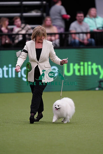 Fiona Grayer from Sussex, with Henri, a German Spitz (Klein), which was the Best of Breed winner today (Sunday 12. 03. 23), the last day of Crufts 2023, at the NEC Birmingham