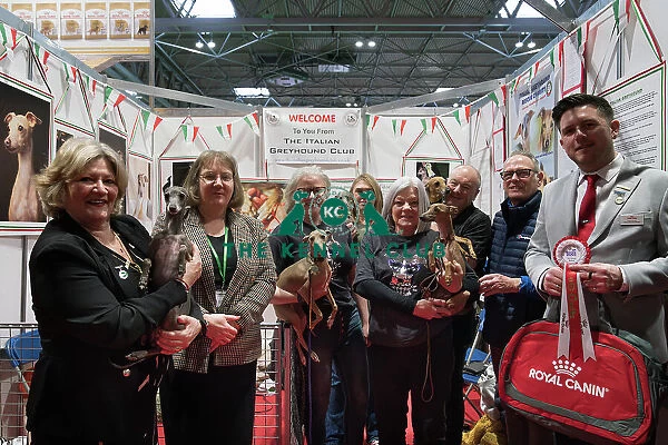 The Italian Greyhound Club being awarded the Best Discover Dogs Stand for the Toy Group at Crufts on Sunday 10th March 2024 by Alison Scutcher, Nicky Ackerley-Kemp (Directors at The Kennel Club) and Ricky Furnell from Royal Canin