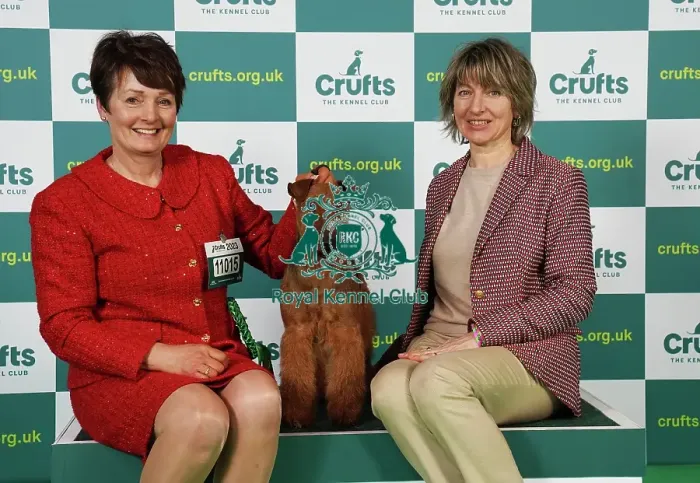 Framed Print : Joanne Vickers and Natalia Avveduti from Italy with Boris, an Irish Terrier, which was the Best of Breed winner today (Saturday 11. 03. 23), the third day of Crufts 2023, at the NEC Birmingham