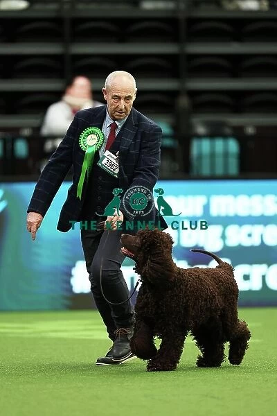 John Hackett from Sunderland with Finn, an Irish Water Spaniel, which was the Best of Breed winner today (Thursday 09. 03. 23), the first day of Crufts 2023, at the NEC Birmingham
