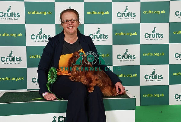 Lesley McNaughton from Irvine with Gaby, a Dachshund (Wire Haired), which was the Best of Breed winner today (Saturday 11. 03. 23), the third day of Crufts 2023, at the NEC Birmingham