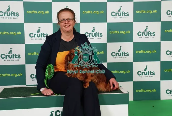 Framed Print : Lesley McNaughton from Irvine with Gaby, a Dachshund (Wire Haired), which was the Best of Breed winner today (Saturday 11. 03. 23), the third day of Crufts 2023, at the NEC Birmingham