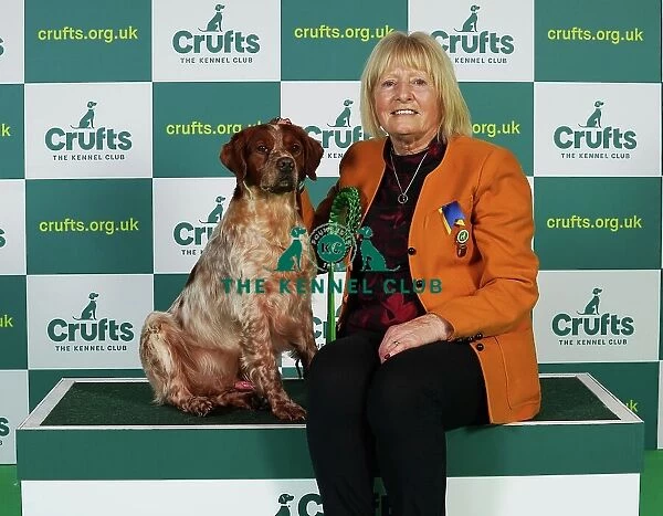 Linda Graham from Cumbria with Kion, a Brittany, which was the Best of Breed winner today (Thursday 09. 03. 23), the first day of Crufts 2023, at the NEC Birmingham