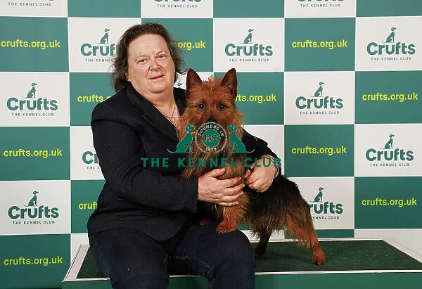 Ruth Jones from Midwales with Blake, a Australian Terrier, which was the Best of Breed winner today (Saturday 11. 03. 23), the third day of Crufts 2023, at the NEC Birmingham