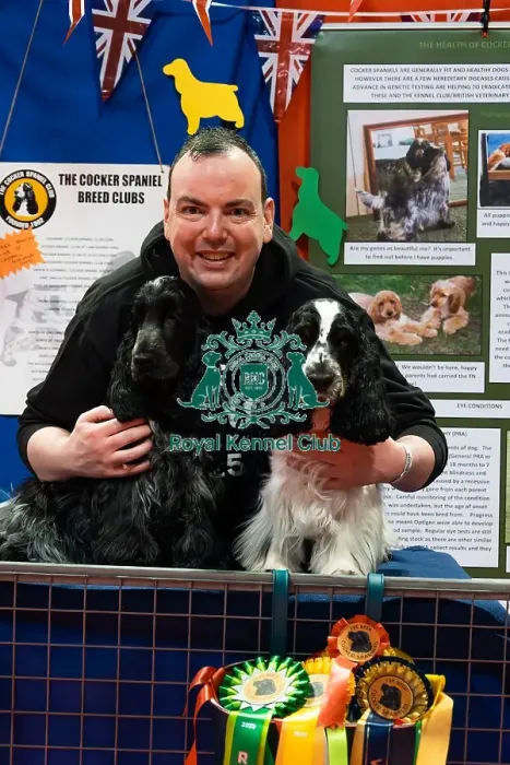Framed Print : Spaniels (Cocker) Rocket And Aurora With Owner James Discover Dogs