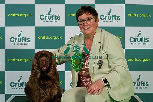 Sue Mowbray from Morpeth with Luna, a Sussex Spaniel, which was the Best of Breed winner today (Thursday 09. 03. 23), the first day of Crufts 2023, at the NEC Birmingham