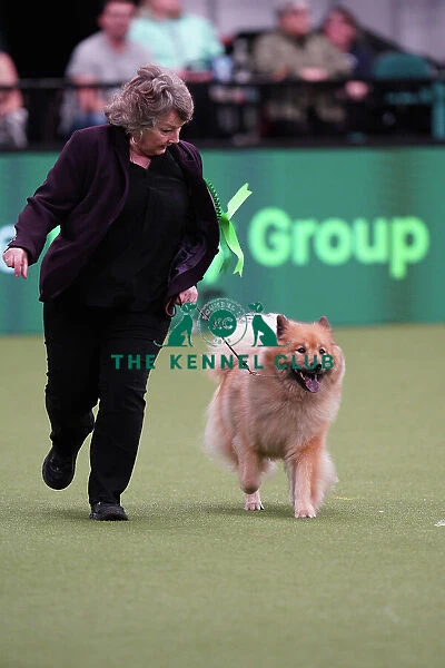 Susie Reynolds and Stacey Watkins from Brighton, with Ruby, a Eurasier, which was the Best of Breed winner today (Sunday 12. 03. 23), the last day of Crufts 2023, at the NEC Birmingham