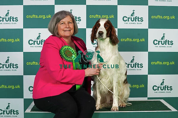 Tania Gardner from York with Tilda, an Irish Red and White Sitter, which was the Best of Breed winner today (Thursday 09. 03. 23), the first day of Crufts 2023, at the NEC Birmingham