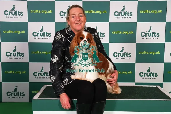 Framed Print : Tanya Ireland from Essex, with Dublin, a Cavalier King Charles Spaniel, which was the Best of Breed winner today (Sunday 12. 03. 23), the last day of Crufts 2023, at the NEC Birmingham
