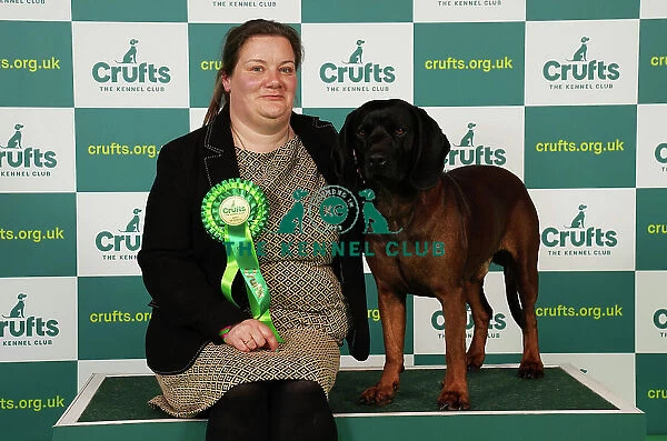 Terri Andrews from Devon with Havoc, a Bavarian Mountain Hound, which was the Best of Breed winner today (Saturday 11. 03. 23), the third day of Crufts 2023, at the NEC Birmingham