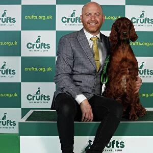 Blake Crocker from Somerset with Gloria, an Irish Setter, which was the Best of Breed winner today (Thursday 09. 03. 23), the first day of Crufts 2023, at the NEC Birmingham