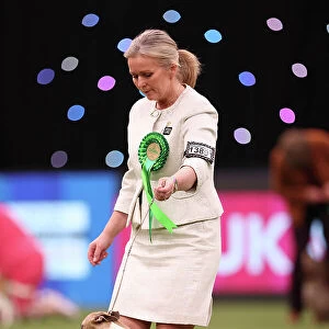 Heidi Bekkvang from Norway with Jasper, a Whippet, which was the Best of Breed winner today (Saturday 11. 03. 23), the third day of Crufts 2023, at the NEC Birmingham