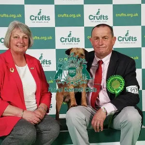 Hilary and Jimmy Gilpin from Arnside with Boots, a Border Terrier, which was the Best of Breed winner today (Saturday 11. 03. 23), the third day of Crufts 2023, at the NEC Birmingham