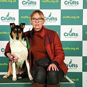 Jo Denton from Axminster with Lyra, a Collie (Smooth), which was the Best of Breed winner today (Friday 10. 03. 23), the second day of Crufts 2023, at the NEC Birmingham