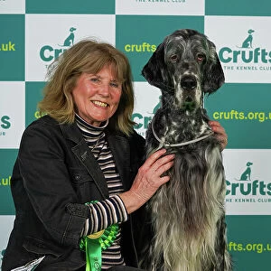Linda Taylor from Nottinghamshire with Guy, a English Setter, which was the Best of Breed winner today (Thursday 09. 03. 23), the first day of Crufts 2023, at the NEC Birmingham