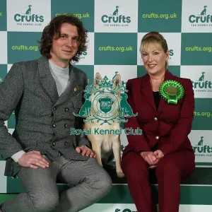Marie Corin and Adam Camm from London with Borgen, a Norwegian Buhund, which was the Best of Breed winner today (Friday 10. 03. 23), the second day of Crufts 2023, at the NEC Birmingham