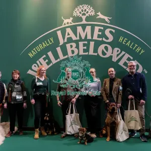 Photocall with Scrufft's semi finalists on the James Wellbeloved stand Golden Oldie Crossbreed Karen Cook