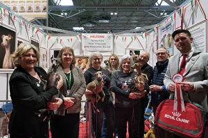 The Italian Greyhound Club being awarded the Best Discover Dogs Stand for the Toy Group at Crufts on Sunday 10th March 2024 by Alison Scutcher, Nicky Ackerley-Kemp (Directors at The Kennel Club) and Ricky Furnell from Royal Canin