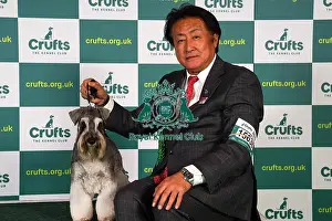 Masami Uryu from Japan, with Magi, a Miniature Schnauzer, which was the Best of Breed winner today (Sunday 12. 03. 23), the last day of Crufts 2023, at the NEC Birmingham