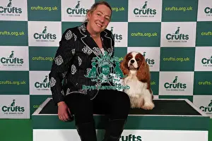 Tanya Ireland from Essex, with Dublin, a Cavalier King Charles Spaniel, which was the Best of Breed winner today (Sunday 12. 03. 23), the last day of Crufts 2023, at the NEC Birmingham